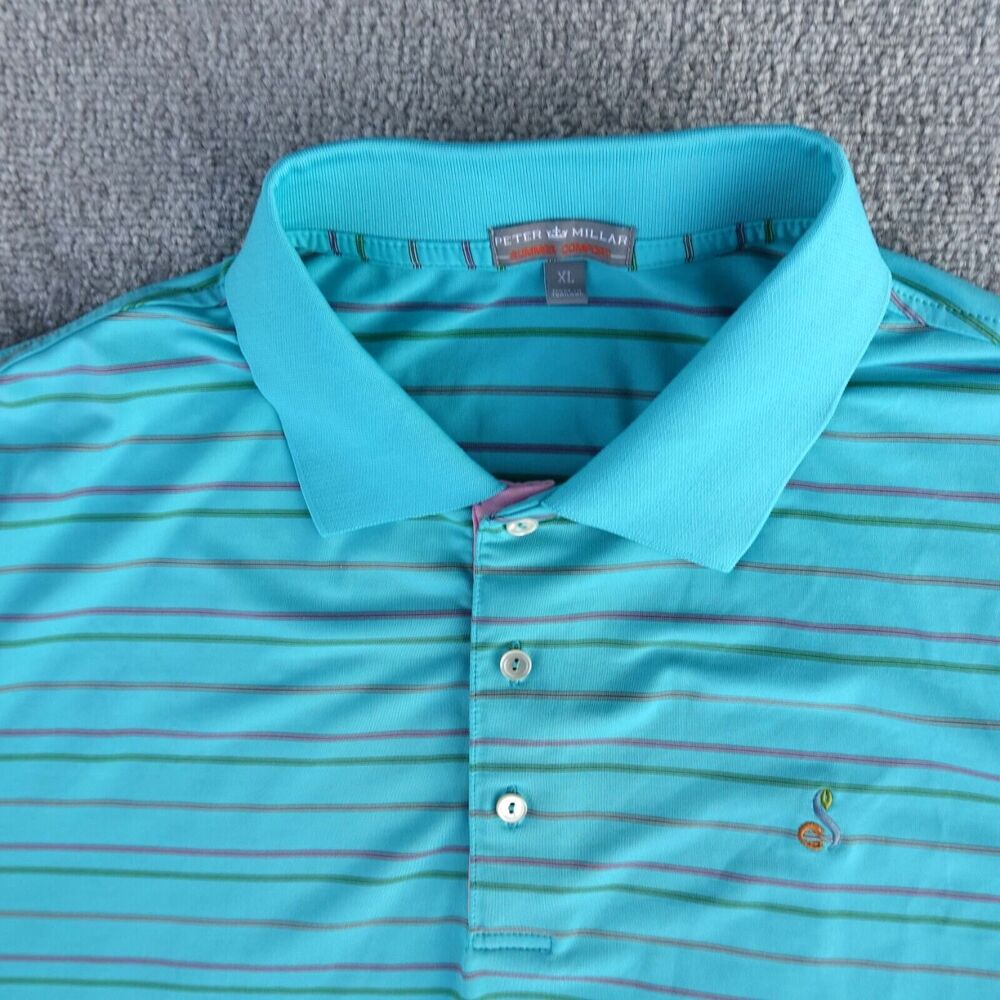 Peter Millar Shirt Men XL Teal Blue Stripe Summer Comfort Golf Performance Polo